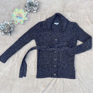 PETITE ❄ IZOD Gray Heather Heavy Long Sleeve Shawl Collar Sweater w belt - PM